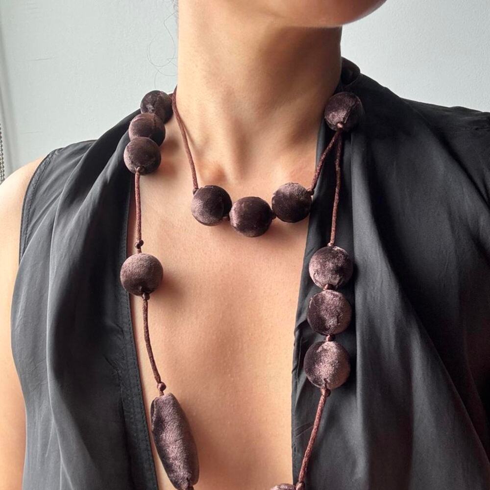 Vintage Brown Velvet Bead Long Tassel Necklace Boho Statement Jewelry